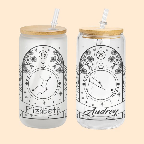 Personalisierte Zodiac Horoskop Glas Becher 20oz Floral Kaffeetasse mit Bambus Deckel und Stroh Geburtstag Geschenk für Sternzeichen Horoskop Liebhabe