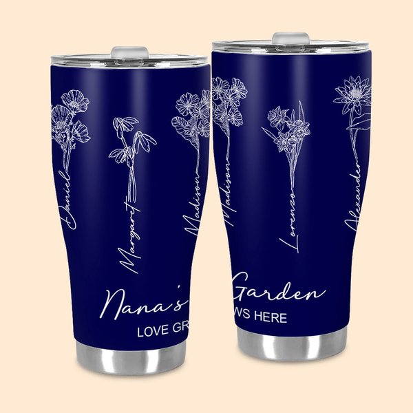 Personalisierte Hand gemalt Geburt Blume 30oz gekrümmten Becher mit Namen und Stroh Linie Kunst isoliert Kaffeetasse Geschenk für Mama Oma