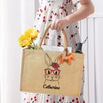 Personalized Cute Bunny with Glasses Burlap Jute Tote Bag with Name Large Capacity Easter Gift for Her
