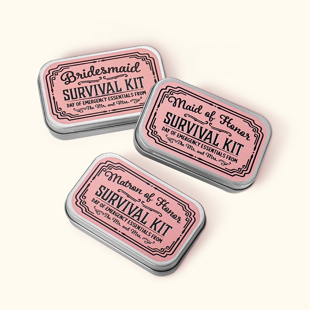 Kit de survie personnalisé Boîte en fer blanc avec texte 3 pièces Cadeau de mariage pour les demoiselles d'honneur