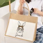 Personalized Cute Bunny with Glasses Burlap Jute Tote Bag with Name Large Capacity Easter Gift for Her