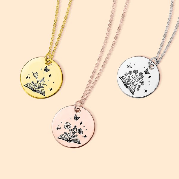 Engraved Birth Flower Bouquet Open Book Necklace