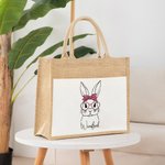 Personalized Cute Bunny with Glasses Burlap Jute Tote Bag with Name Large Capacity Easter Gift for Her