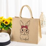 Personalized Cute Bunny with Glasses Burlap Jute Tote Bag with Name Large Capacity Easter Gift for Her