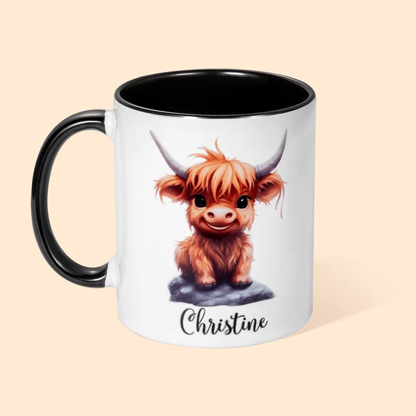Gepersonaliseerde 11oz Schattige Hooglandse Koe Keramische Mok met Naam Verjaardagscadeau voor Familie Vriend
