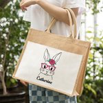 Personalized Cute Bunny with Glasses Burlap Jute Tote Bag with Name Large Capacity Easter Gift for Her