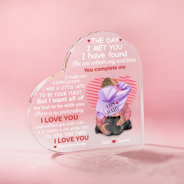 Linea personalizzata Love You Complete Me Heart Targa in acrilico con nome e caratteri Regalo di anniversario di San Valentino per la coppia