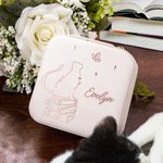 Personligt resesmyckeskrin i PU-läder med sött kattmönster och namn Bärbart smyckeskrin Present till bokälskare