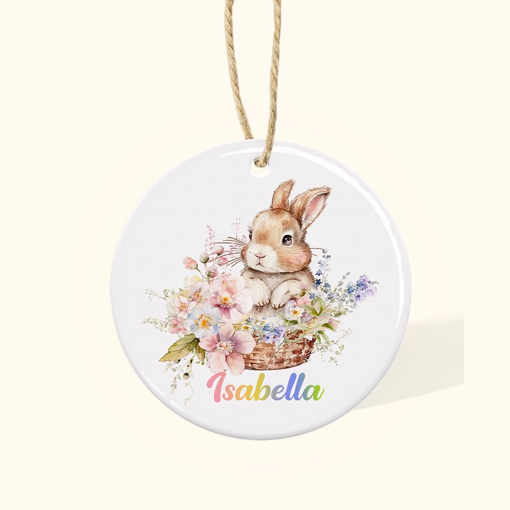 Étiquette Céramique à Motif Lapin et Fleur Décoration de Panier Personnalisée avec Nom Cadeau de Pâques pour Enfant Famille