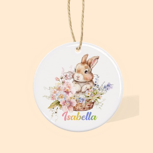 Etiqueta de cerámica personalizada con el nombre del conejito y las flores Cesta de Pascua de regalo para los niños