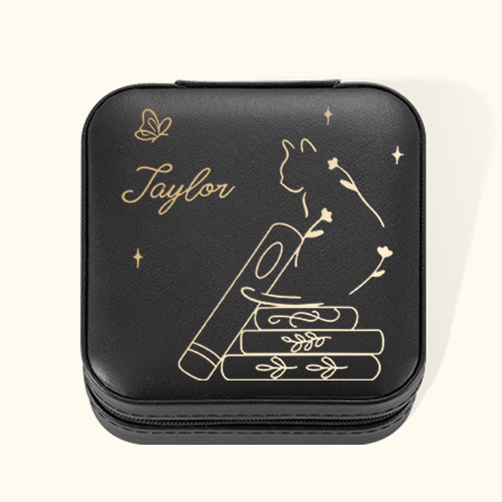 Boîte à bijoux de voyage personnalisée en cuir PU avec un motif de chat mignon et un nom Cadeau pour les amoureux des livres