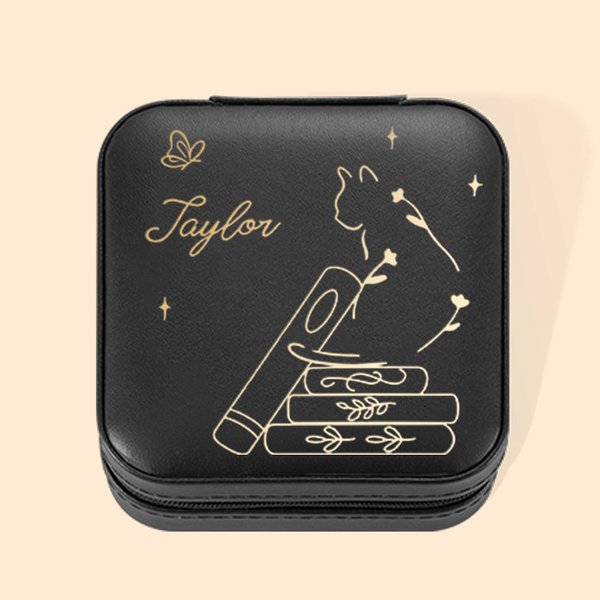 Boîte à bijoux de voyage personnalisée en cuir PU avec un motif de chat mignon et un nom Cadeau pour les amoureux des livres