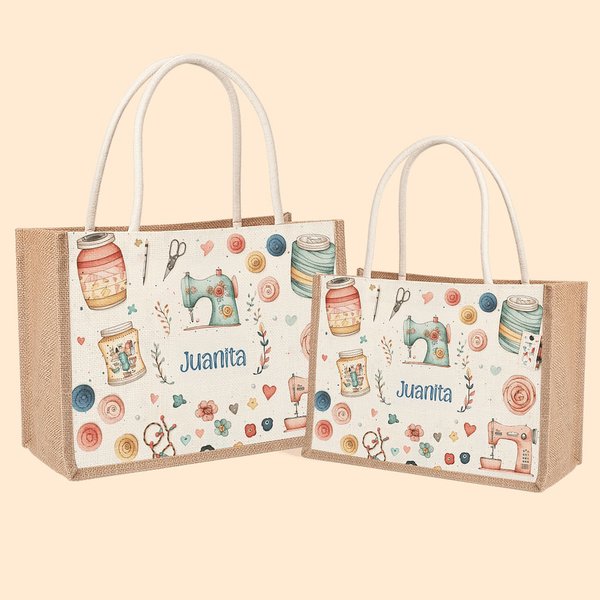Sac en Toile de Jute Personnalisé avec Nom Cadeau Anniversaire Fête des Mères pour Amateur de Couture