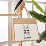 Personalized Cute Bunny with Glasses Burlap Jute Tote Bag with Name Large Capacity Easter Gift for Her