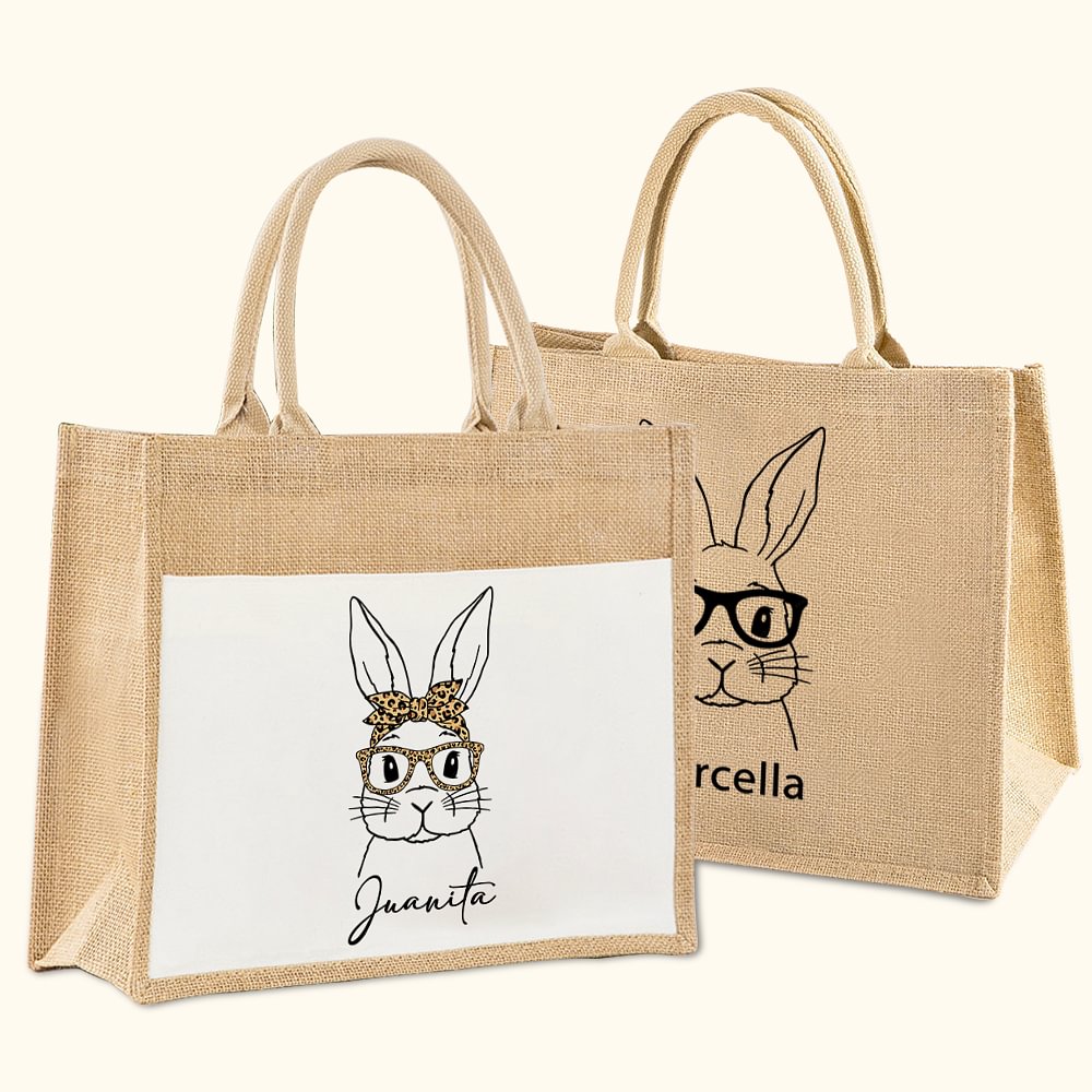 Sac de Toile et Jute Personnalisé avec Nom Motif Lapin avec Lunettes Cadeau de Pâques Voyage pour Femme Enfant