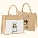 Personalized Cute Bunny with Glasses Burlap Jute Tote Bag with Name Large Capacity Easter Gift for Her