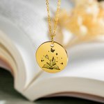 Personalised Engraving Open Book Birth Flower Bouquet Necklace with Text Minimalist Jewellery Teacher's Day Birthday Gift for Women Book Lover