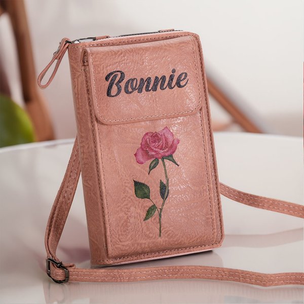Personalizado Retro de cuero de nacimiento de la flor portátil Crossbody cartera con nombre y ranuras para tarjetas de regalo de cumpleaños para las mujeres