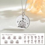 Personalised Engraving Open Book Birth Flower Bouquet Necklace with Text Minimalist Jewellery Teacher's Day Birthday Gift for Women Book Lover