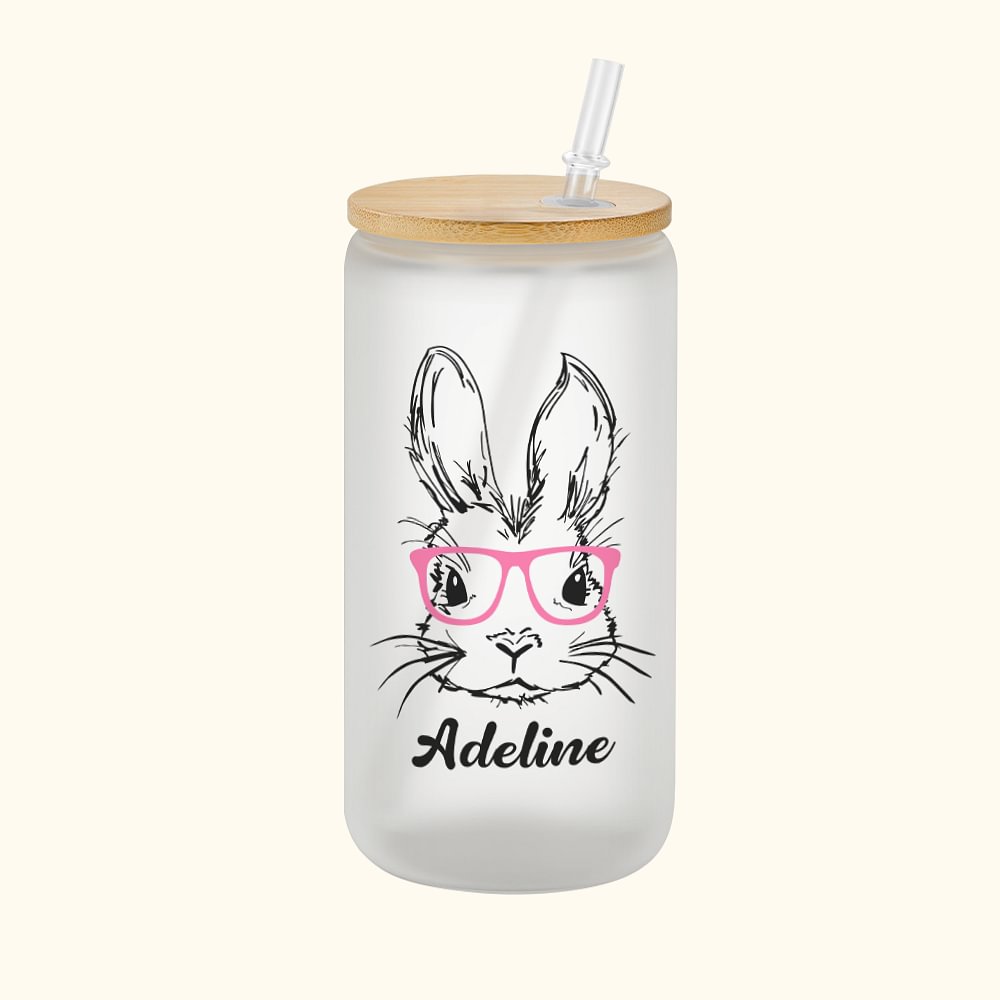 Verre Givré avec et Paille et Couvercle en Bambou Bouteille Personnalisée avec Nom et Motif Lapin Cadeau d'Anniversaire de Pâques pour Enfants