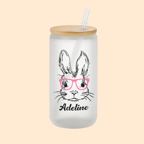 Verre Givré avec et Paille et Couvercle en Bambou Bouteille Personnalisée avec Nom et Motif Lapin Cadeau d'Anniversaire de Pâques pour Enfants