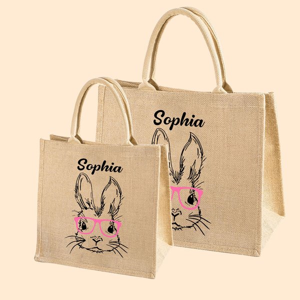 Gepersonaliseerd schattig konijn patroon Burlap tas met naam Pasen verjaardagscadeau voor kind