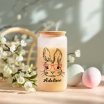 Verre Givré avec et Paille et Couvercle en Bambou Bouteille Personnalisée avec Nom et Motif Lapin Cadeau d'Anniversaire de Pâques pour Enfants
