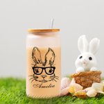 Verre Givré avec et Paille et Couvercle en Bambou Bouteille Personnalisée avec Nom et Motif Lapin Cadeau d'Anniversaire de Pâques pour Enfants