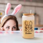 Verre Givré avec et Paille et Couvercle en Bambou Bouteille Personnalisée avec Nom et Motif Lapin Cadeau d'Anniversaire de Pâques pour Enfants