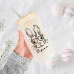 Verre Givré avec et Paille et Couvercle en Bambou Bouteille Personnalisée avec Nom et Motif Lapin Cadeau d'Anniversaire de Pâques pour Enfants