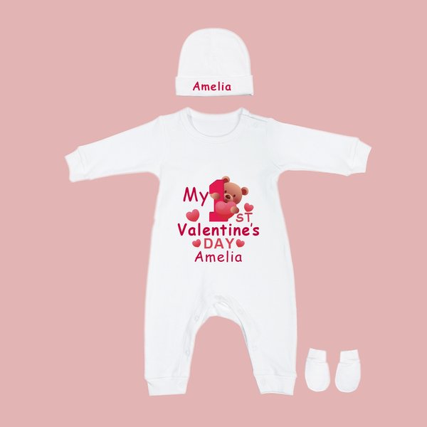 Gepersonaliseerd My 1st Valentijnsdag katoenen rompertje met lange mouwen, liefdebeertje en naam Cadeau voor babyzuigeling