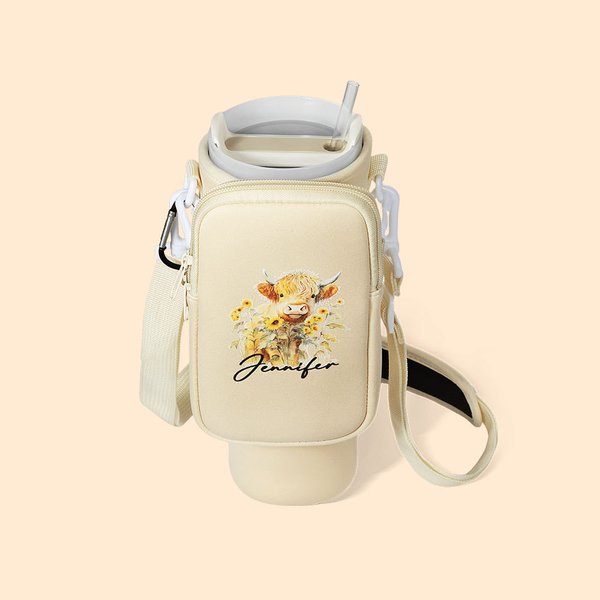 Personalized Highland Cow Water Bottle Carrier Bag with Removable Pouch Compatible for 40oz Stanley Tumbler Birthday Gift for Family Friend