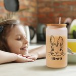 Verre Givré avec et Paille et Couvercle en Bambou Bouteille Personnalisée avec Nom et Motif Lapin Cadeau d'Anniversaire de Pâques pour Enfants