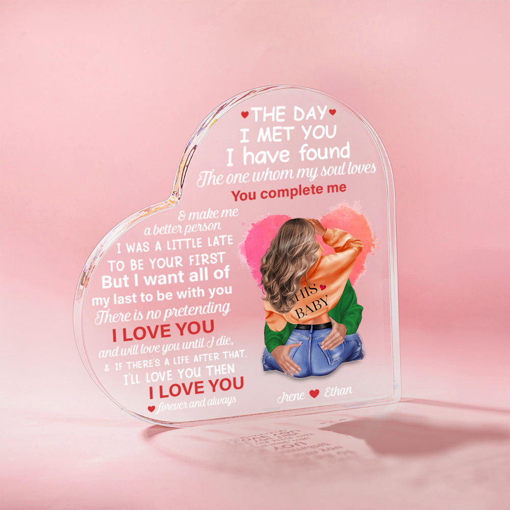 Plaque aquarelle personnalisée Love You Complete Me Heart Acrylic Plaque avec nom et personnages Cadeau d'anniversaire de St Valentin pour couple