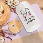 Verre Givré avec et Paille et Couvercle en Bambou Bouteille Personnalisée avec Nom et Motif Lapin Cadeau d'Anniversaire de Pâques pour Enfants