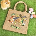 Personalized The Hunt Is On Jute Tote Bag with Camouflage Bunny Pattern and Name Easter Gift for Kid
