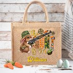 Personalized The Hunt Is On Jute Tote Bag with Camouflage Bunny Pattern and Name Easter Gift for Kid