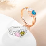 Bague de Promesse Personnalisée avec Texte Gravé et Pierre de Naissance à Double Coeur Cadeau de St-Valentin pour Elle