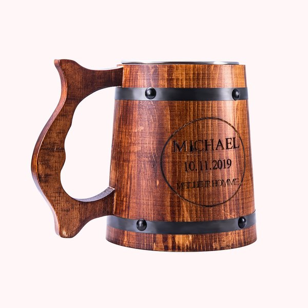 Chope à Bière en Bois Personnalisée avec Texte Cadeau d’Anniversaire pour Père ou Frère