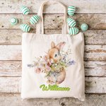 Borsa personalizzata in tela coniglietto e fiori con nome regalo di compleanno per bambini che amano i coniglietti.