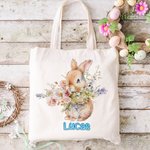 Borsa personalizzata in tela coniglietto e fiori con nome regalo di compleanno per bambini che amano i coniglietti.