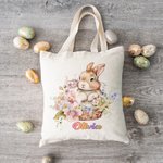 Borsa personalizzata in tela coniglietto e fiori con nome regalo di compleanno per bambini che amano i coniglietti.