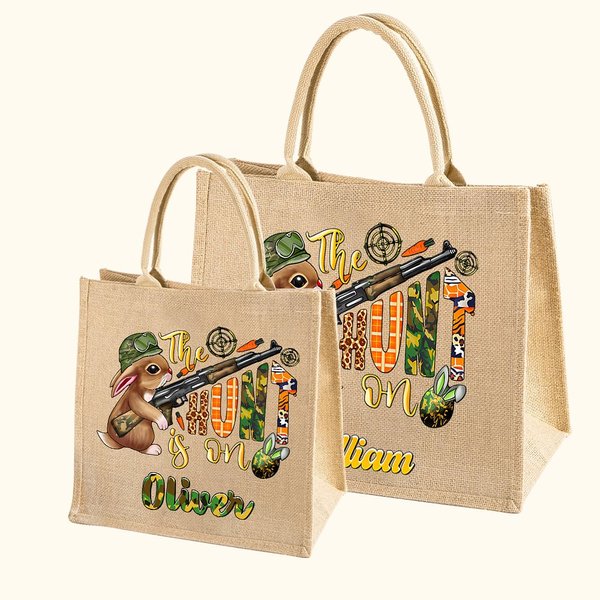 Personalised The Hunt Is On Jute Tote Bag with Camouflage Bunny Pattern and Name Easter Gift for Kid