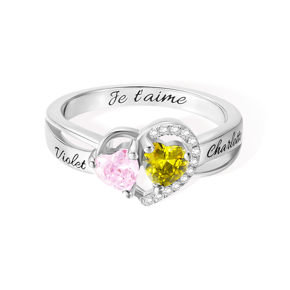 Cadeaux pour Elle Bague Prénom Promesse avec Pierre de Naissance Double Coeur