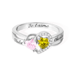 Bague de Promesse Personnalisée avec Texte Gravé et Pierre de Naissance à Double Coeur Cadeau de St-Valentin pour Elle