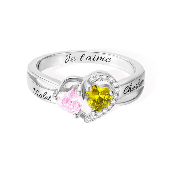 Bague de Promesse Personnalisée avec Texte Gravé et Pierre de Naissance à Double Coeur Cadeau de St-Valentin pour Elle