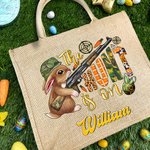 Personalized The Hunt Is On Jute Tote Bag with Camouflage Bunny Pattern and Name Easter Gift for Kid