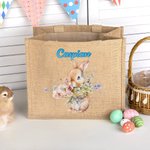 Personalized Cute Bunny Bouquet Pattern Jute Burlap Tote Bag with Name Easter Birthday Gift for Kids