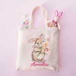 Borsa personalizzata in tela coniglietto e fiori con nome regalo di compleanno per bambini che amano i coniglietti.