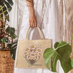 Personalized Birth Flower Bouquet Jute Tote Bag with Name Reusable Beach Travel Accessory Bridal Party Birthday Gift for Women Girls